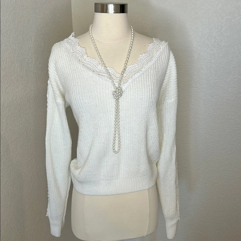 SHEIN White V-Neck Sweater with Cropped Fit